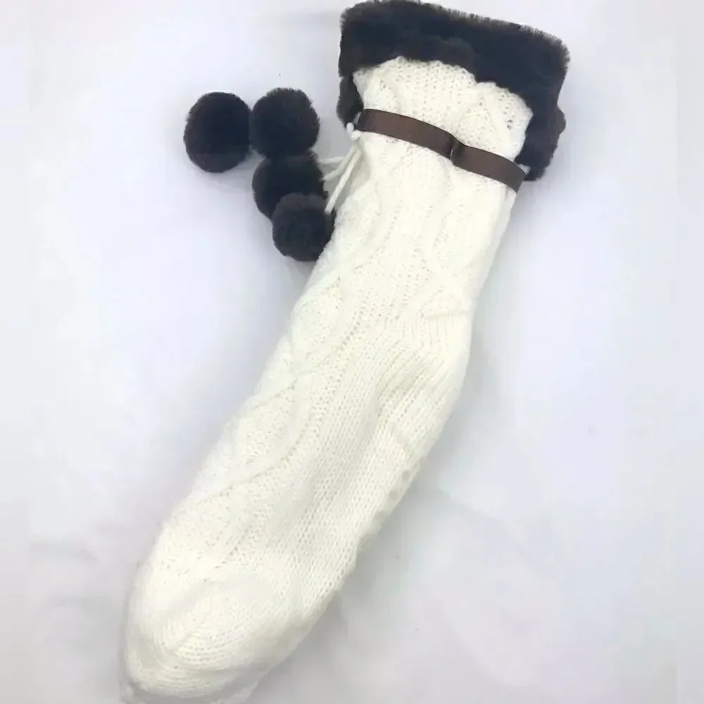 Frye Cream Knit Brown Faux Fur Pompom Trim Cozy Grip Tread Home Socks NEW